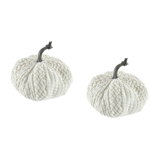Set of 2 White Chenille Weighted Pumpkins, 8.7 x 8.5 x 6.7 in, Polyester