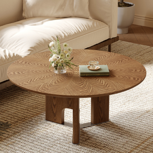 31.5-Inch Walnut Round Wood and MDF Pedestal Coffee Table