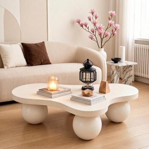 46-Inch White MDF and ABS Irregular Curved Low-Profile Coffee Table