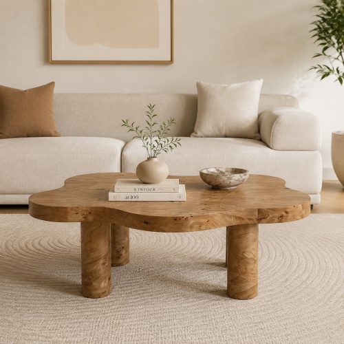40-Inch Natural Wood MDF Cloud Coffee Table with Four Round Legs