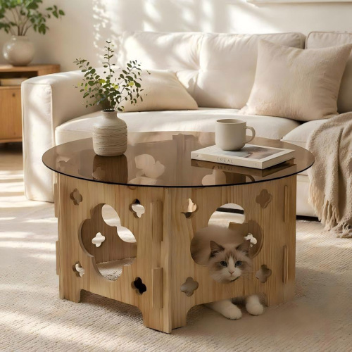 31.1-Inch Round Caramel Glass Coffee Table with Natural Wood Base
