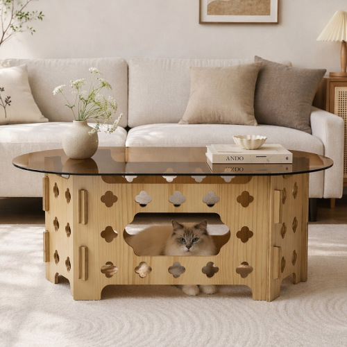 38.6-Inch Oval Coffee Table with Caramel Glass & Natural Wood Base