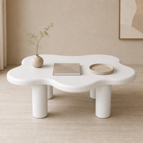 40-Inch Golden White MDF Cloud Coffee Table with Four Round Legs