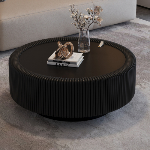 Black 31.5-Inch Round Coffee Table with Tempered Glass and PU Leather
