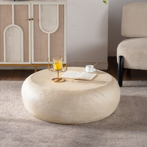 Light Beige 35.43-Inch Round Magnesium Oxide Mid-Century Coffee Table