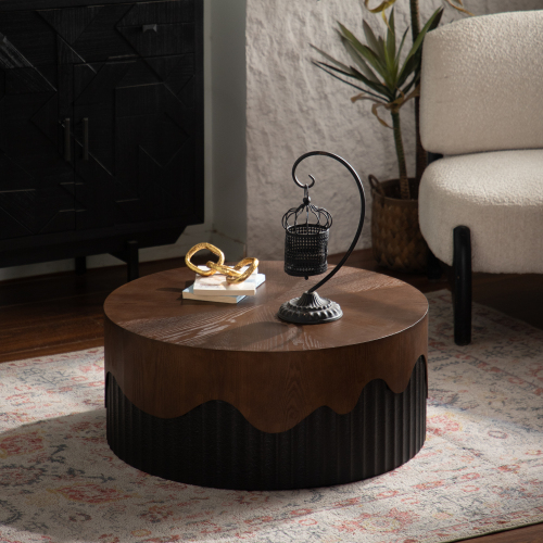 30.5-Inch Round MDF Pedestal Coffee Table in Black and Walnut
