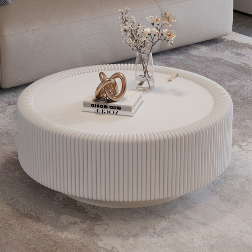White 31.5-Inch Round PU Leather Coffee Table with Glass Top