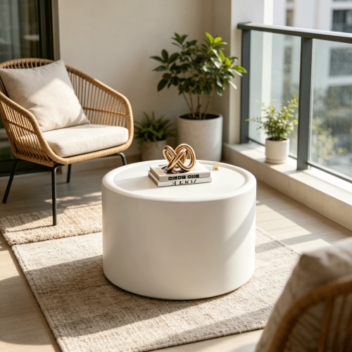 White 28-Inch Round MDF Coffee Table with Glass Top & PU Leather