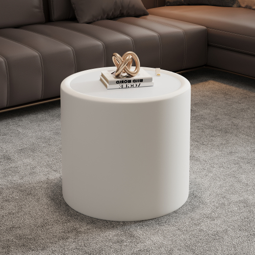 White 27.56-Inch Round MDF Coffee Table, Glass Top & PU Leather