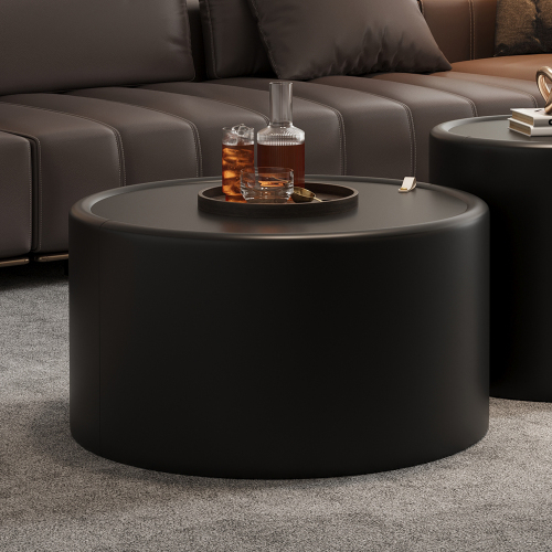Black 27.56-Inch Round MDF Coffee Table with Glass Top & PU Leather