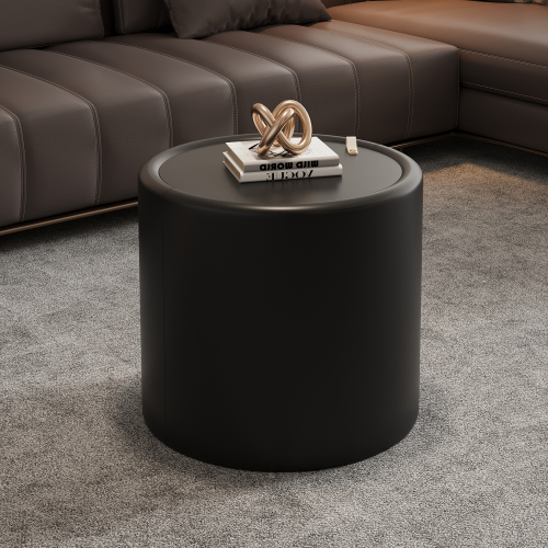 Black 27.56-Inch Round Coffee Table, Tempered Glass & PU Leather