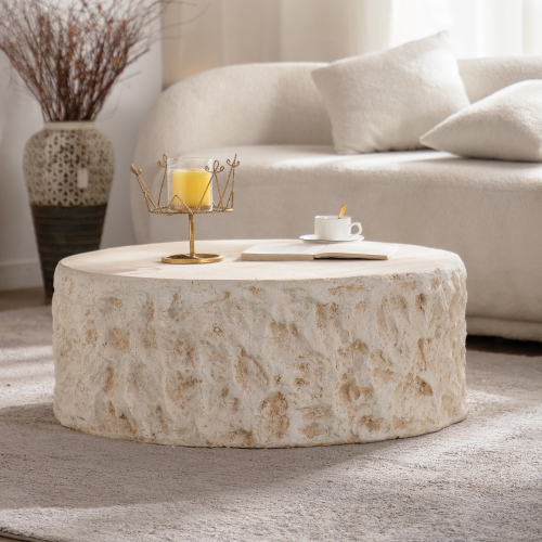 31.5-Inch Light Beige Magnesium Oxide Round Coffee Table for Living Spaces