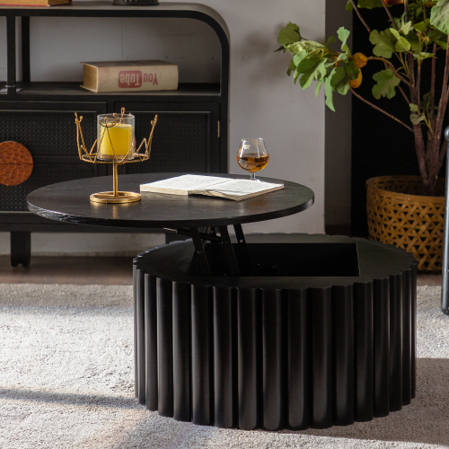 Modern Black 27.56-Inch Round Lift-Top Coffee Table, MDF & Pine
