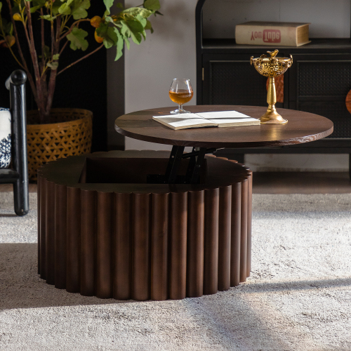 Walnut 27.56-Inch Round Lift Coffee Table in MDF and Pine