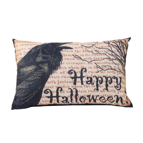 20 x 13 Inch Happy Halloween Crow Pillow, Black Polyester