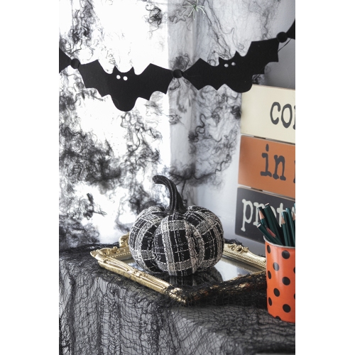 Set of 2 Black, White & Orange Plaid Polyester Pumpkins, 7 Inch