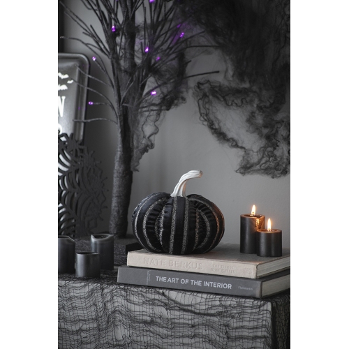 Set of 2 White and Black Stripe Polyester Pumpkins, 7 x 7 x 7 In.
