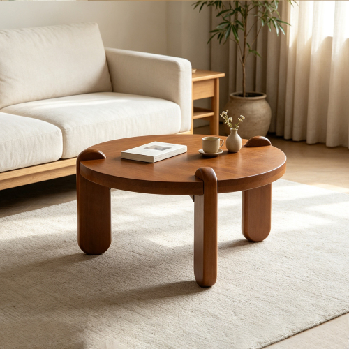 27.56-Inch Walnut Brown Solid Wood Round Coffee Table with 3 Legs