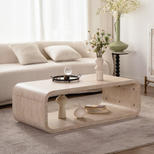 47-Inch Beige MDF Curved Modern Coffee Table with Open Storage