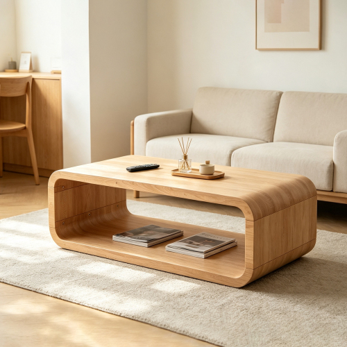 Light Natural 47-Inch MDF Coffee Table with 2-Tier Open Storage