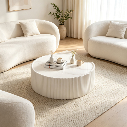 White 29.5-Inch Round Sintered Stone and PU Leather Coffee Table