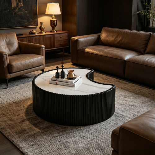 Black 29.5-Inch Round Sintered Stone, MDF and PU Leather Coffee Table