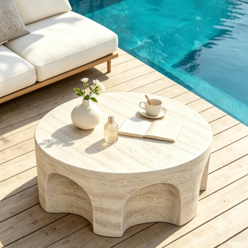 31.5-Inch Light Beige Magnesium Oxide Round Pedestal Coffee Table