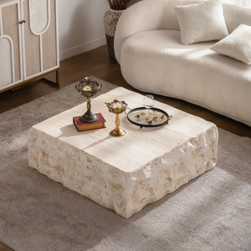 Mid-Century Light Beige Square Magnesium Oxide Coffee Table, 35.43-Inch