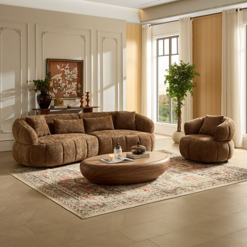 102.36-Inch Brown Foam 4-Seat Curved Sofa and Accent Chair Set