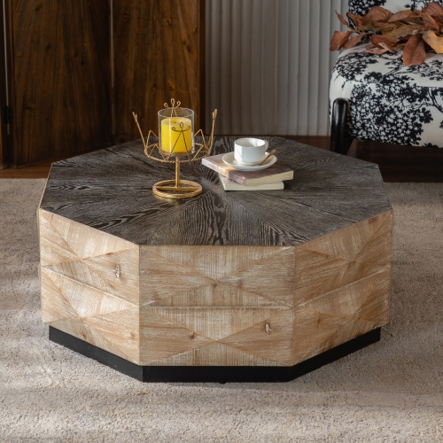 Natural Wood 36.22-Inch Retro Round Coffee Table, Solid Wood and MDF