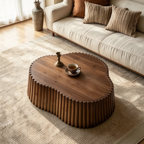 31.5-Inch Antique Brown Scalloped Solid Wood and MDF Coffee Table