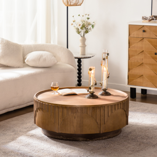 36.22-Inch Natural Wood Round Coffee Table, Solid Wood and MDF
