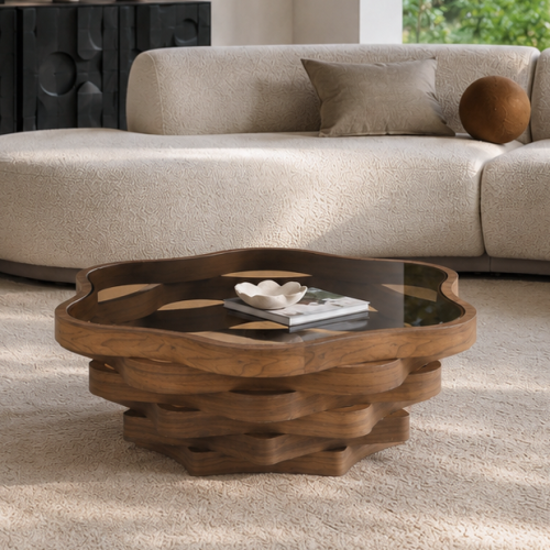 36-Inch Walnut Brown MDF Cloud Coffee Table with Glass Top