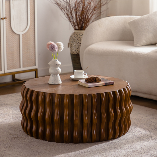 30.31-Inch Walnut Brown Ribbed Round Coffee Table, Solid Wood & MDF