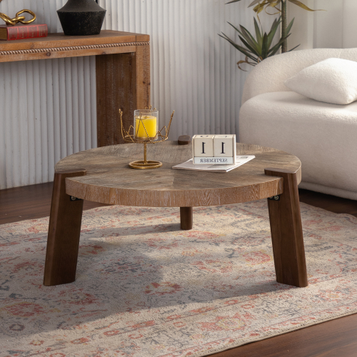 36.61-Inch Natural Wood Round Coffee Table, Solid Wood and MDF