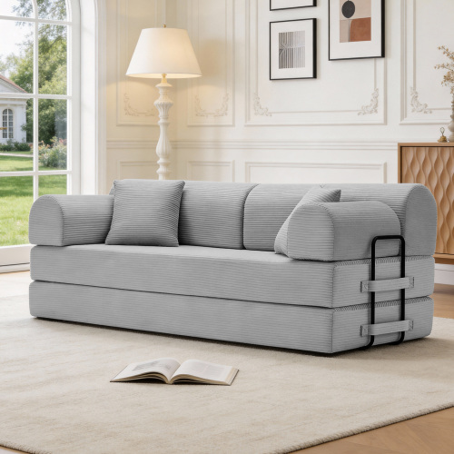 Light Grey 3-Seat Corduroy Convertible Sleeper Sofa with Foam