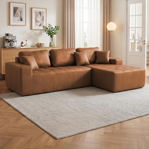 Light Brown Faux Leather 4-Seat L-Shaped Sofa Bed, Right Chaise