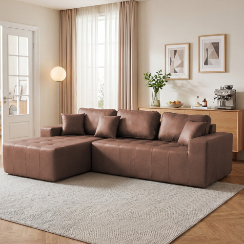 Dark Brown Faux Leather 4-Seat Sofa Bed with Left Chaise