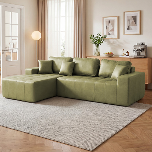 Grayish Green Faux Leather 4-Seat Sectional Sofa Bed, Left Chaise
