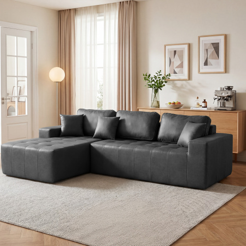 Black Faux Leather 4-Seat L-Shaped Sofa Bed with Left Chaise
