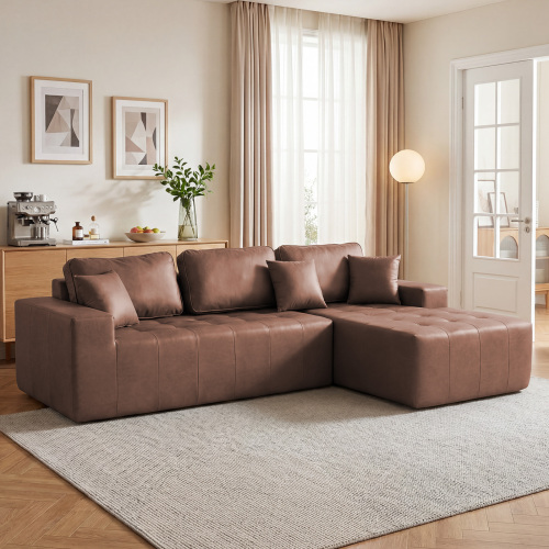 Dark Brown Faux Leather 4-Seat Sofa Bed with Right Chaise