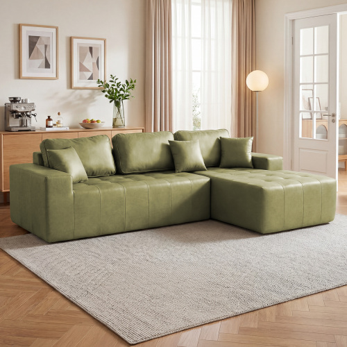 Grayish Green Faux Leather 4-Seat Sofa Bed with Right Chaise