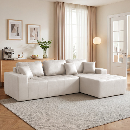 Beige Faux Leather 4-Seat L-Shaped Convertible Chaise Sofa Bed