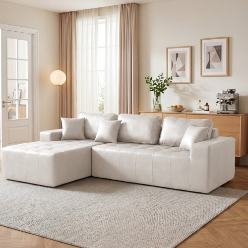 Beige Faux Leather 4-Seat L-Shaped Convertible Chaise Sofa Bed - Beige - Faux Leather - 4 Seat