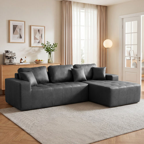 Black Faux Leather 4-Seat L-Shaped Sofa Bed with Right Chaise