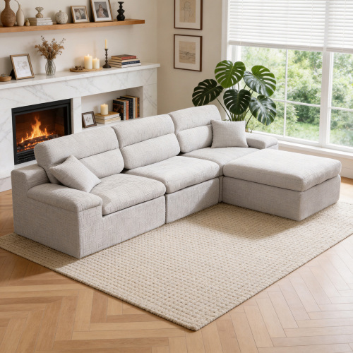 Light Gray Chenille L-Shaped Corner Chaise Sofa with High Back, 3-Seat