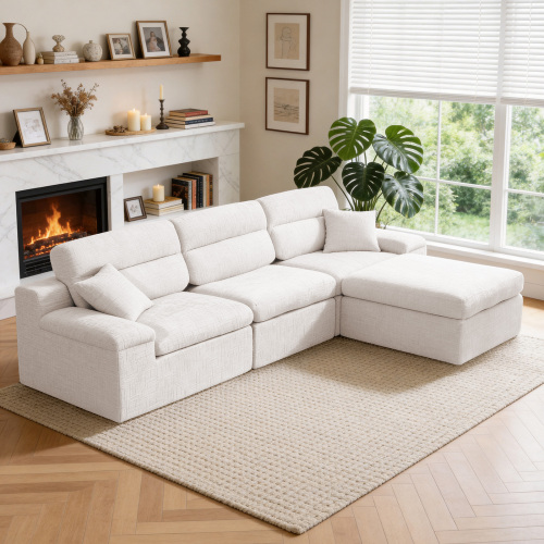 Beige 3-Seat L-Shaped Corner Chaise Sofa in Slub Chenille Fabric