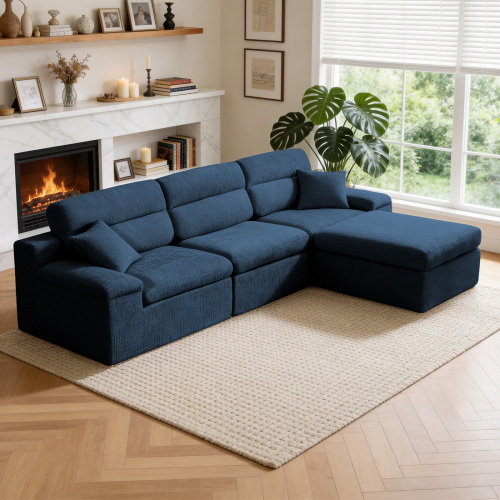 Dark Blue Chenille 3-Seat L-Shaped Corner Chaise Sofa with High Back