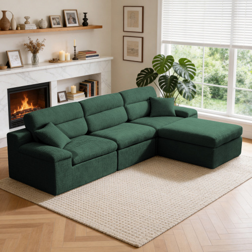 Green 3-Seat L-Shaped Chaise Sofa with Chenille, 110.63-Inch