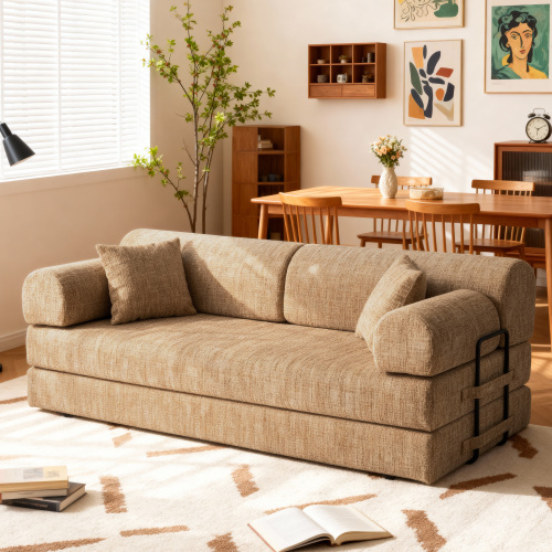 Ochre Bouclé 3-Seat Convertible Sleeper Sofa with Folding Mattress